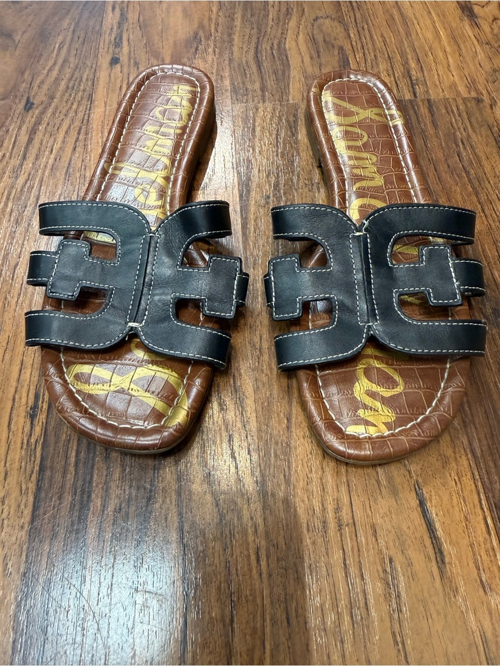 Sam Edelman Black Leather Slide Sandals with Brown Footbed